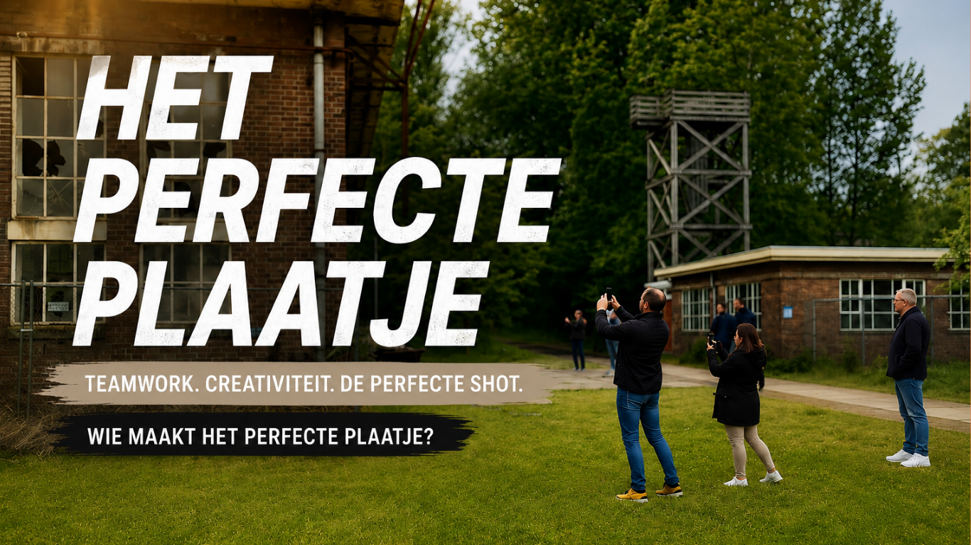 Team dat tijdens het bedrijfsuitje Het Perfecte Plaatje foto's maakt op een industriële buitenlocatie tijdens een creatieve teambuildingactiviteit.