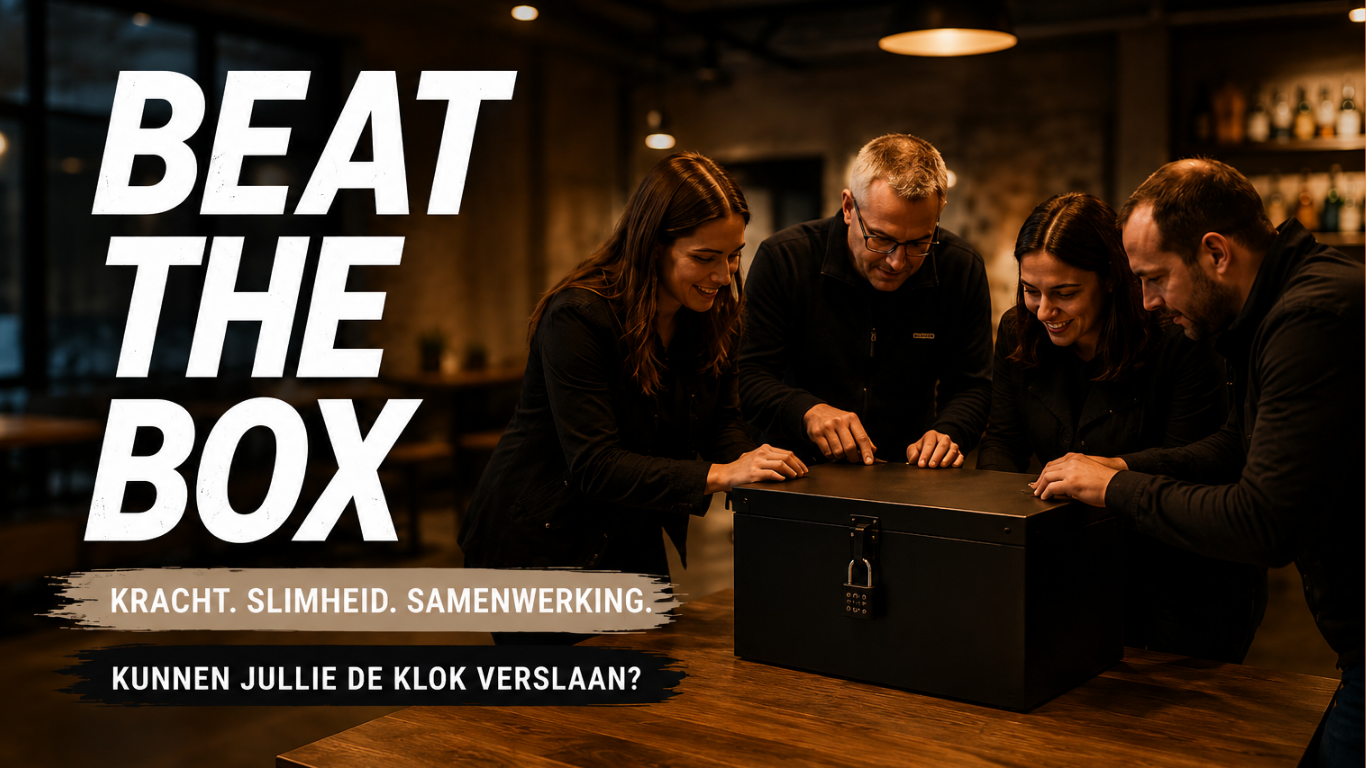 Team werkt samen aan Beat the Box, een uitdagende escape box vol puzzels en teamwork tijdens een indoor teambuildingactiviteit.